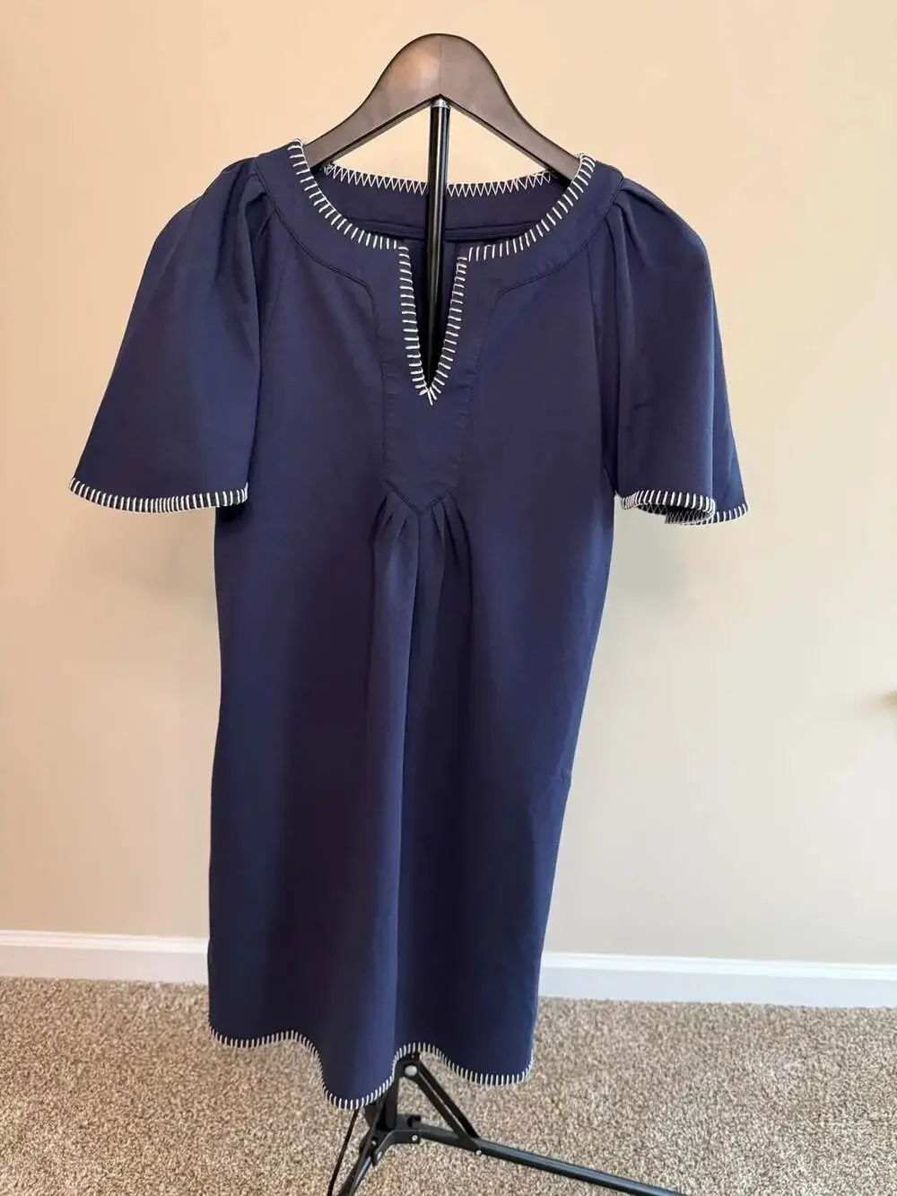 Beaulane Navy Blue Split Neck Contrast Whipstitch Trim Mini Dress with Pockets-S